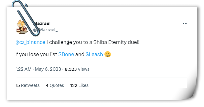 Binance CEO被挑战进行Shiba Eternity决斗，以获得BONE和LEASH的上市