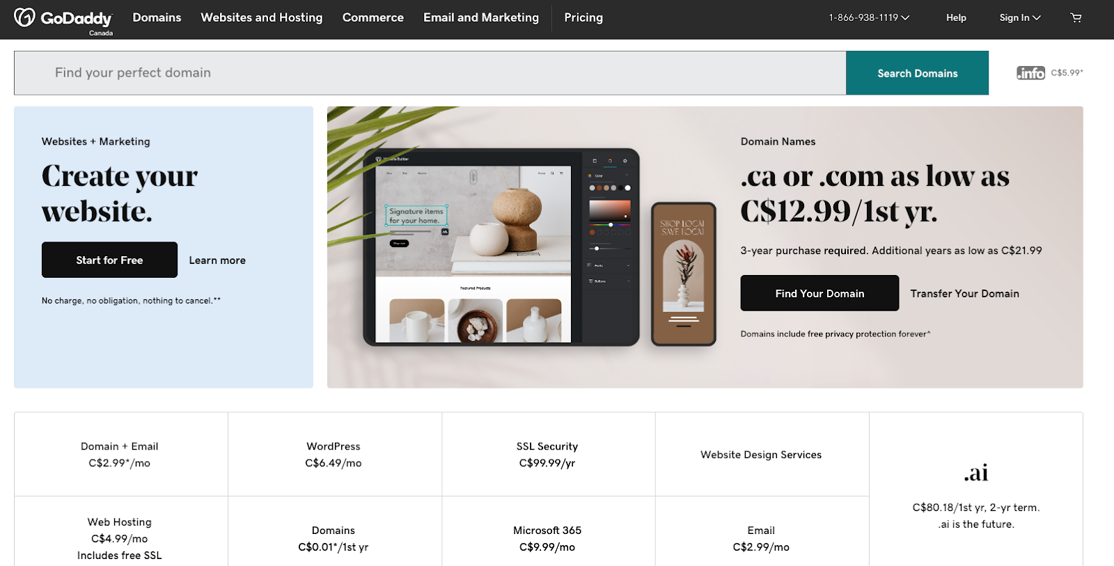 Screenshot from GoDaddy website homepage
