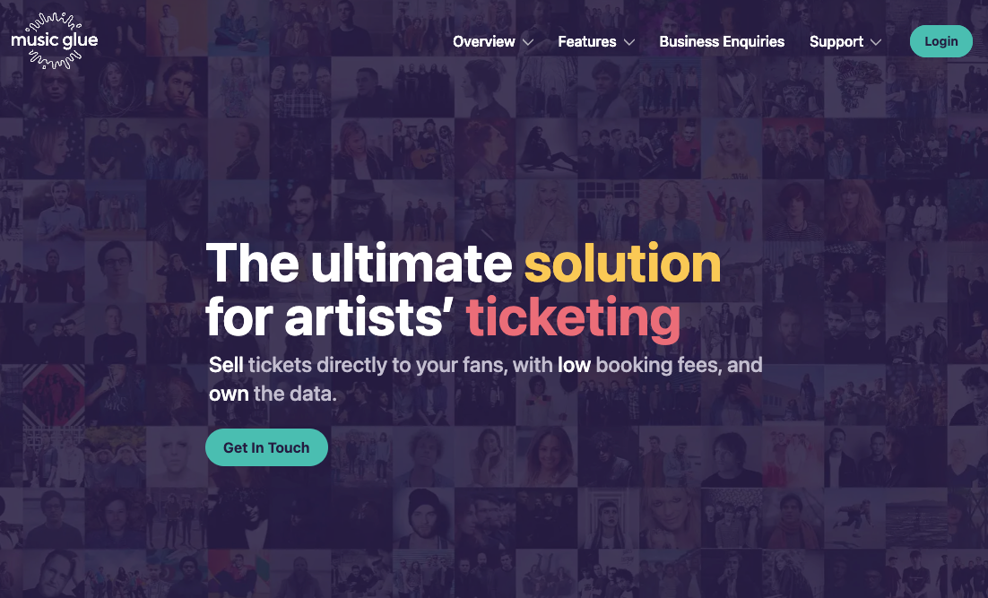 Screenshot from Musicglue website homepage