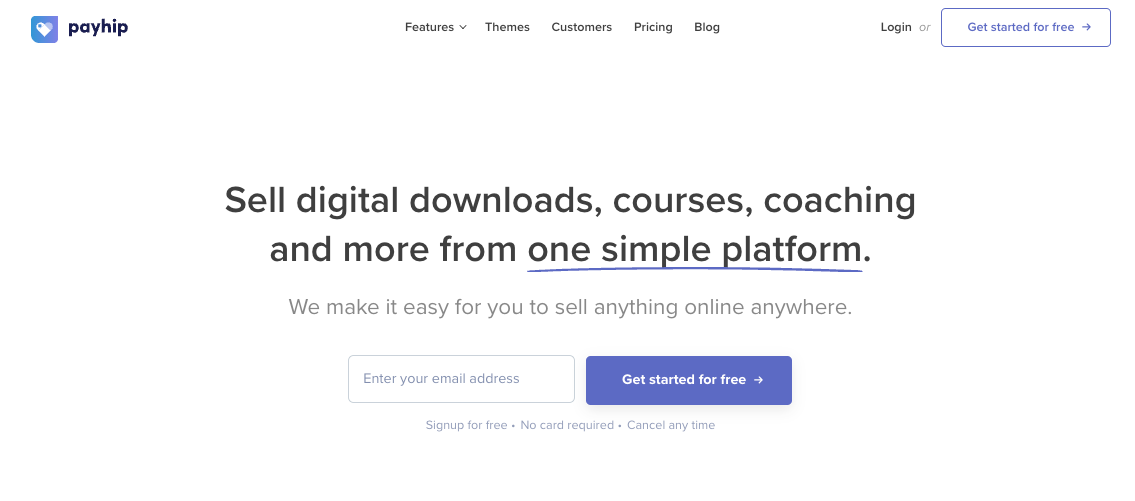 Screenshot from Payhip website homepage