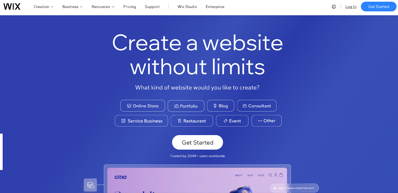 Screenshot from Wix website homepage